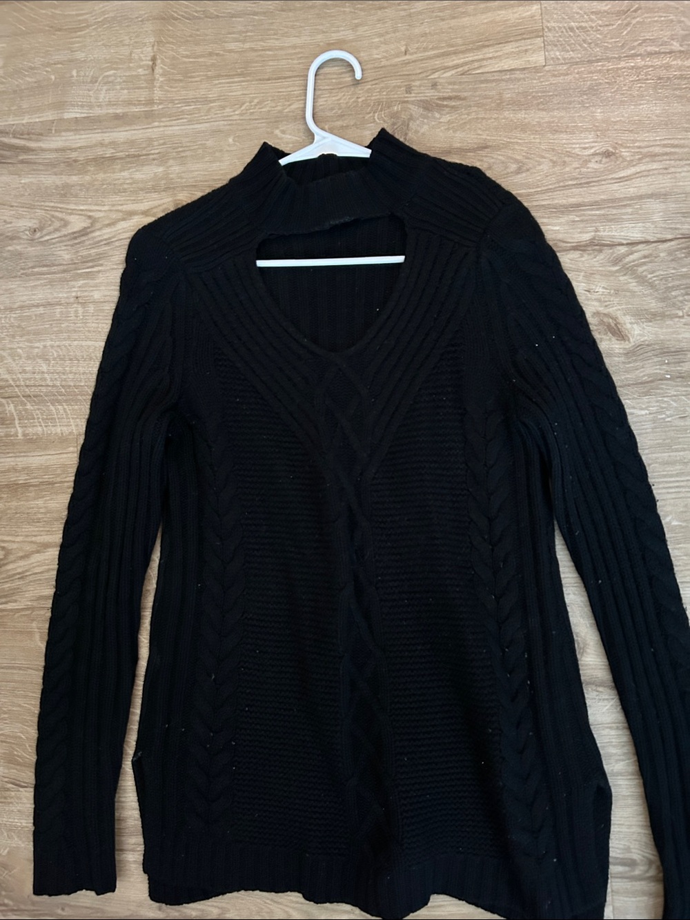 Aqua Cashmere Black Cable-Knit Turtleneck Sweater with Front Sweetheart Cutout